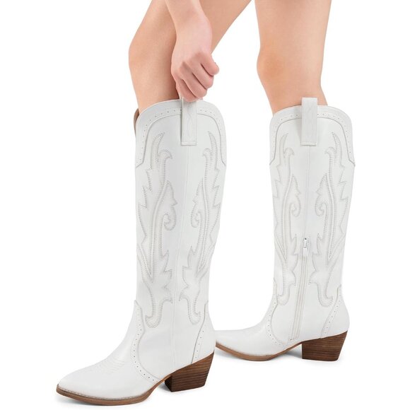 Women's White Comfortable Chunky Heel Embroidered Western Retro Knee High Boot - Picture 6 of 9